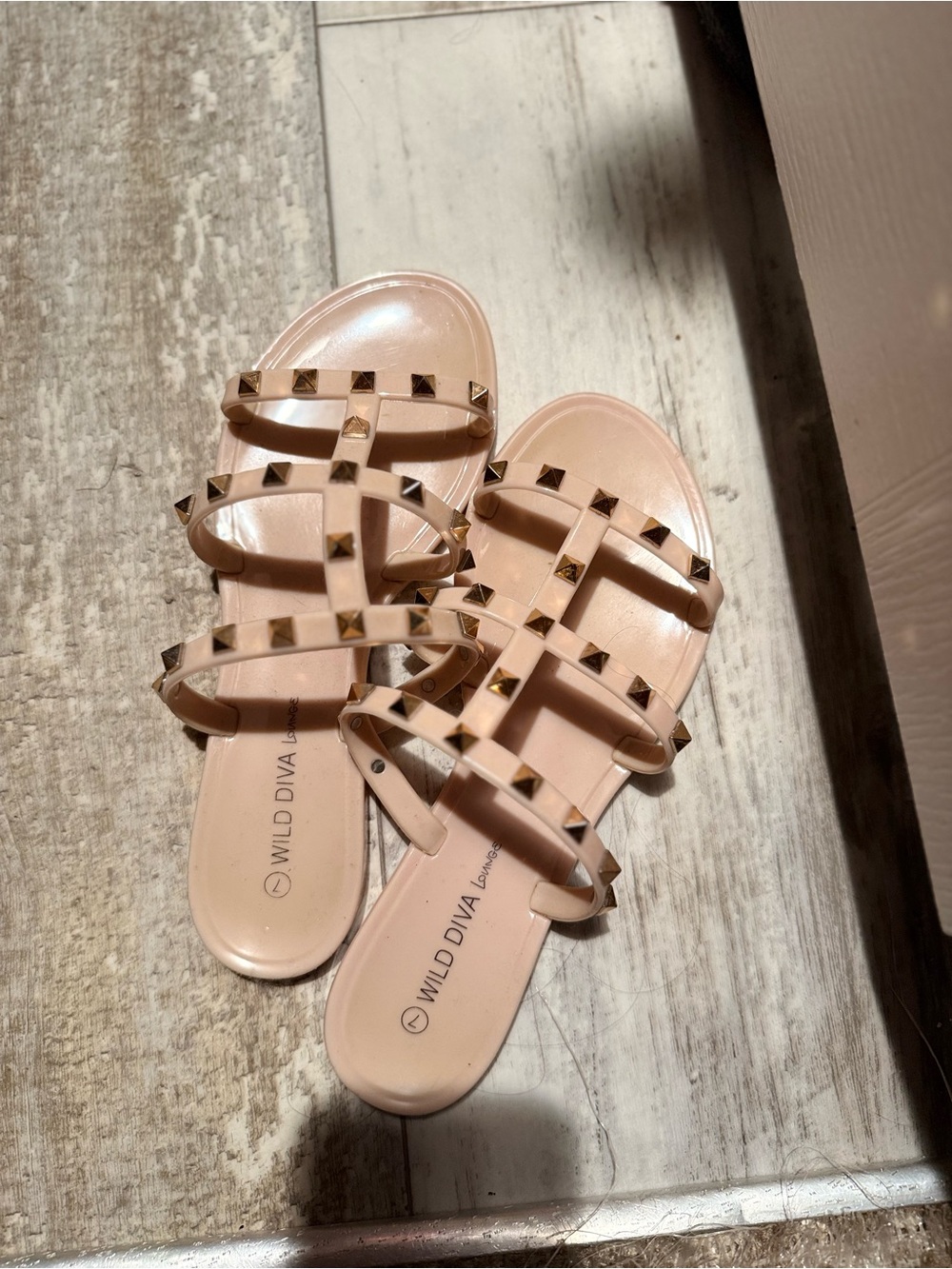 Wild Diva Blush Pyramid-Stud Slide Sandals